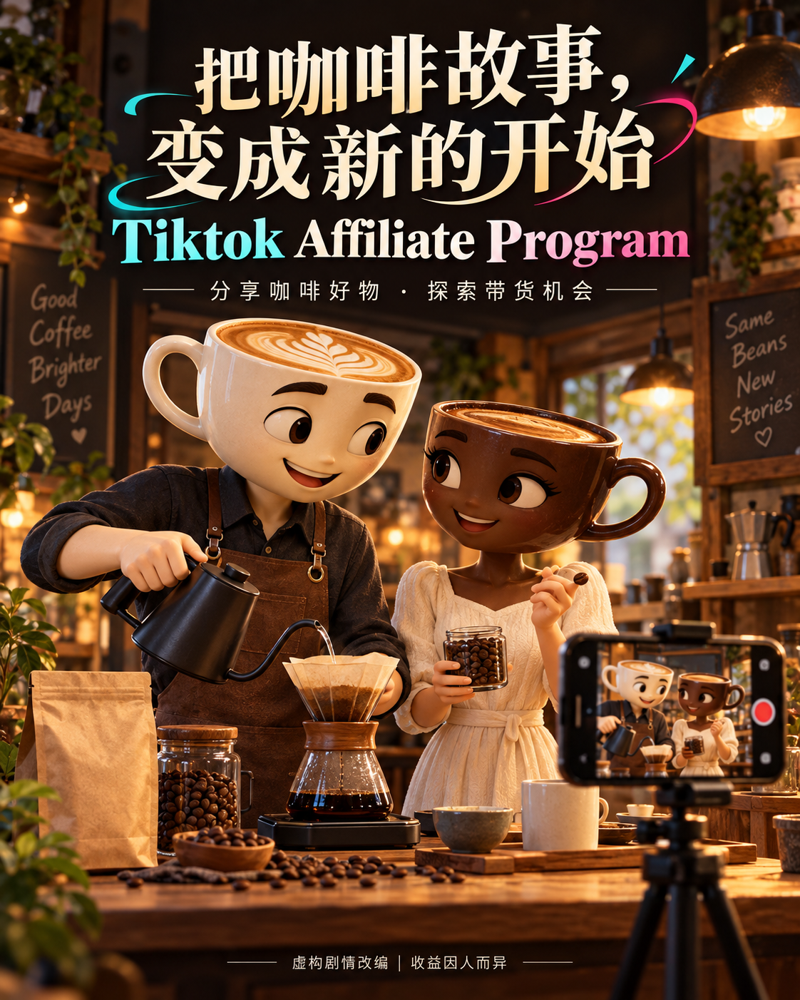 把咖啡故事，变成新的开始。TikTok Affiliate Program。分享咖啡好物，探索带货机会。温暖的咖啡馆内，两位咖啡杯造型的角色正在制作咖啡，手机在旁拍摄。虚构剧情改编，收益因人而异。